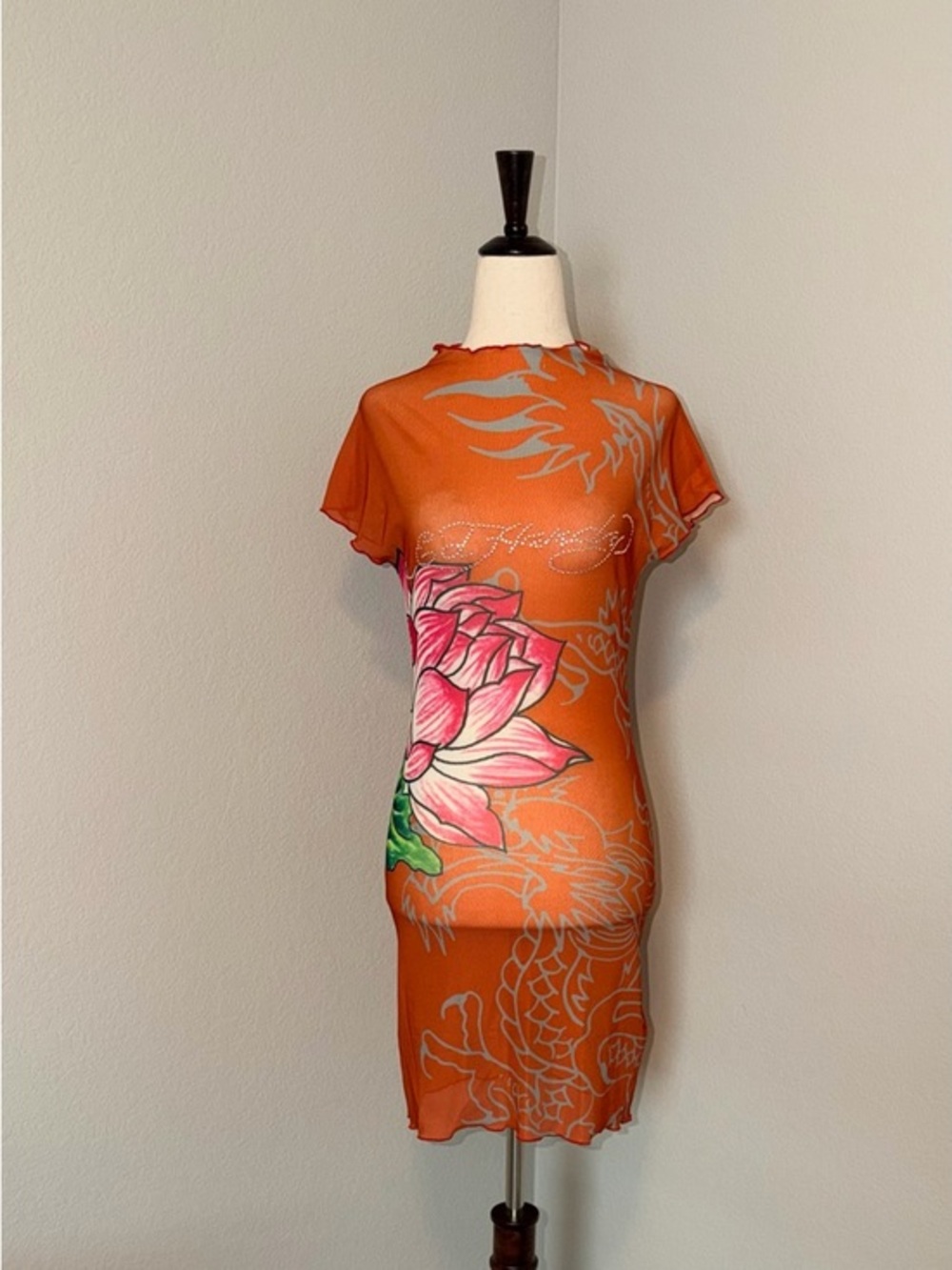 Ed Hardy Lotus Dragon Rhinestone Mesh Cover Up Mini Dress - Orange Combo